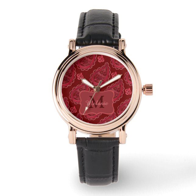 Elegant Burgundy Paisley Pattern Personalised Watch (Front)