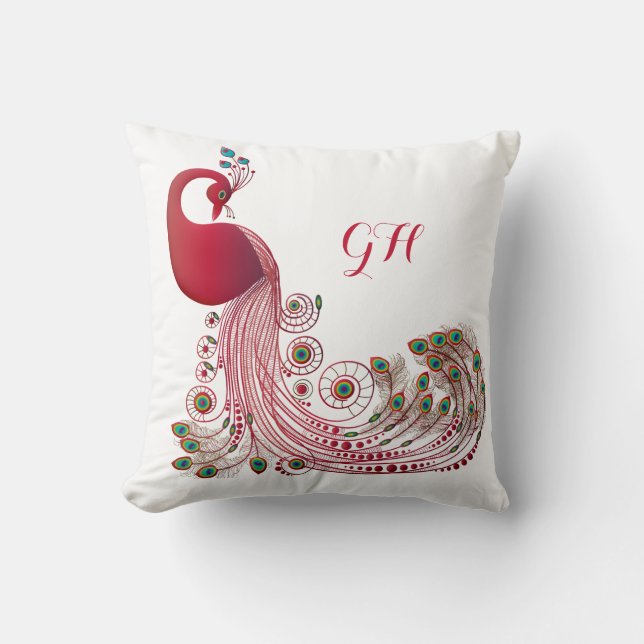 Elegant Burgundy Peacock Feathers Monogrammed Cushion (Front)