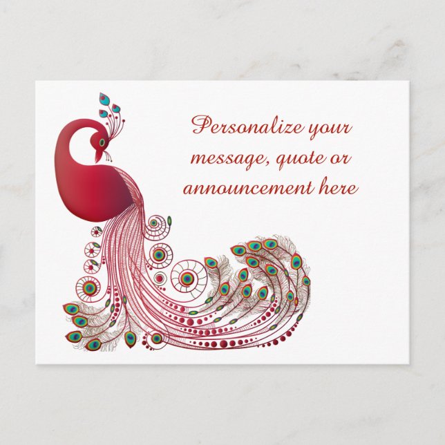 Elegant Burgundy Peacock & Feathers Personalised Announcement Postcard (Front)