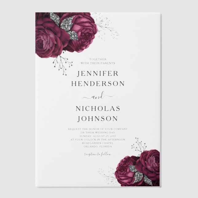 Elegant Burgundy Peonies Floral Wedding Vellum Invitations (Front)