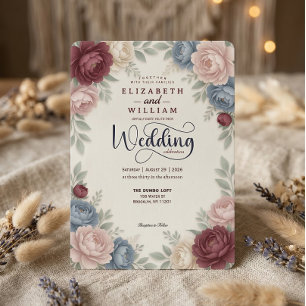 Elegant Burgundy Peonies Roses  QR Code Wedding Invitation