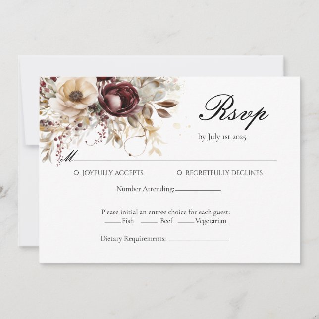 Elegant burgundy peonies Wedding RSVP card (Front)