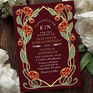 Elegant Burgundy Peony Art Nouveau Floral Wedding Invitation