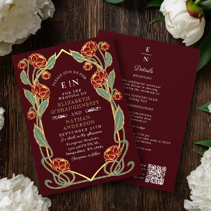 Elegant Burgundy Peony Art Nouveau QR Code Wedding Invitation