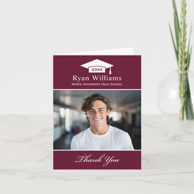 Elegant Burgundy Personalised Graduation Photo Thank You Card (Front)