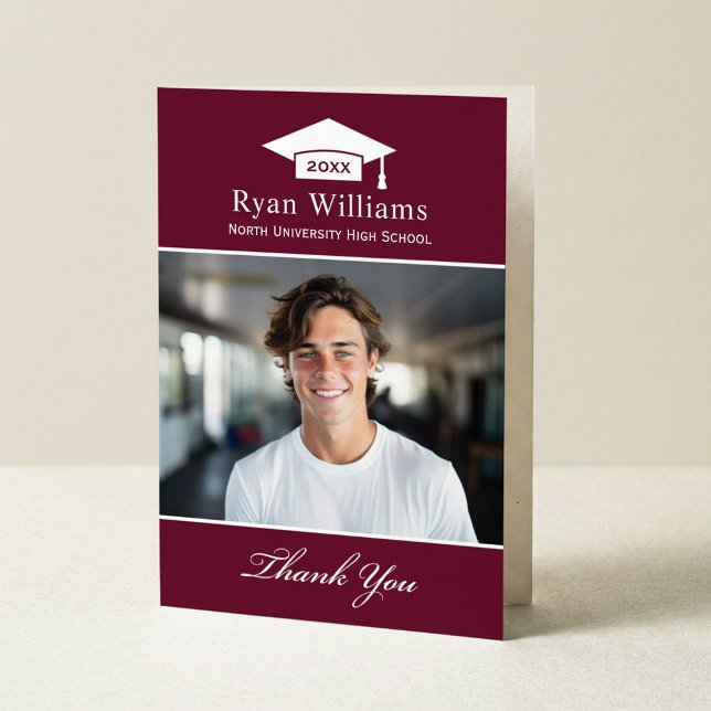 Elegant Burgundy Personalised Graduation Photo Thank You Card (Creator Uploaded)