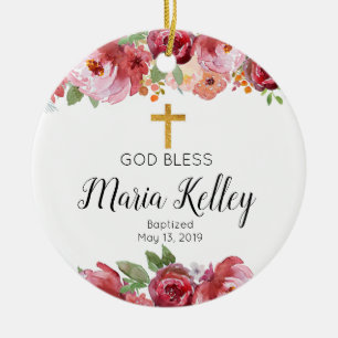 Elegant Burgundy Personalized Girl Baptism Ceramic Ornament
