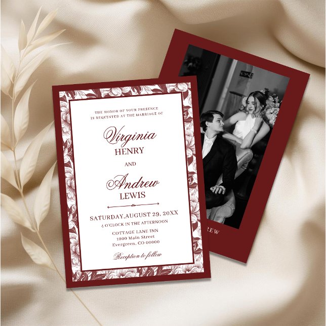 Elegant Burgundy Photo Luxury Old Money Wedding Invitation (Creator Uploaded)