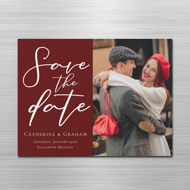 Elegant Burgundy Photo Save the Date Magnet Card (Creator Uploaded)