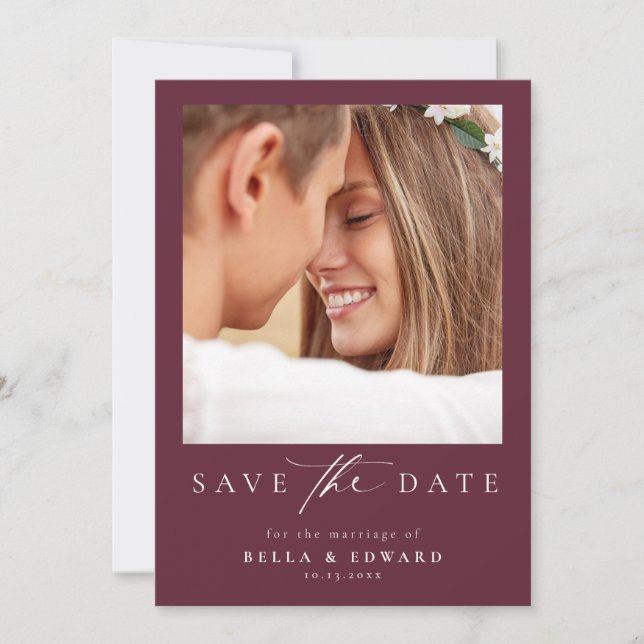 Elegant Burgundy Photo Wedding Save The Date (Front)