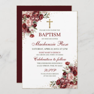 Elegant Burgundy, Pink, and Gold Floral Baptism Invitation