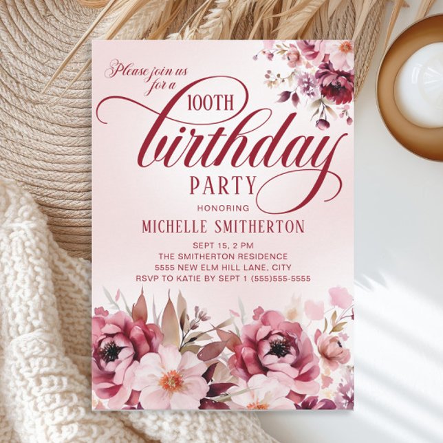 Elegant Burgundy Pink Floral 100th Birthday Invitation (Elegant script 100th birthday party invitation with burgundy and pink watercolor floral
)
