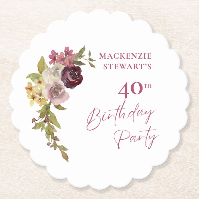 Elegant Burgundy Pink Floral 40th Birthday Paper Coaster (Front)
