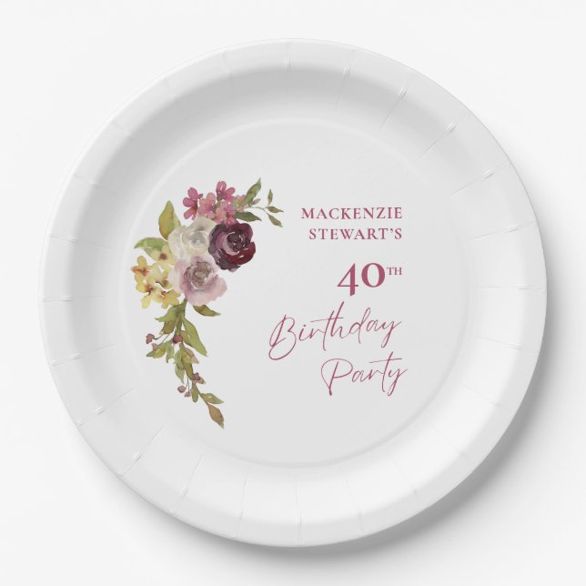 Elegant Burgundy Pink Floral 40th Birthday Paper Plate (Front)