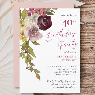 Elegant Burgundy Pink Floral 40th Birthday Party Invitation