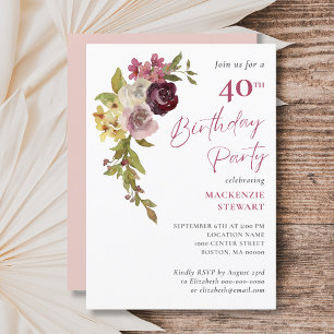 Elegant Burgundy Pink Floral 40th Birthday Party Invitation