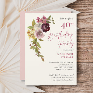 Elegant Burgundy Pink Floral 40th Birthday Party Invitation