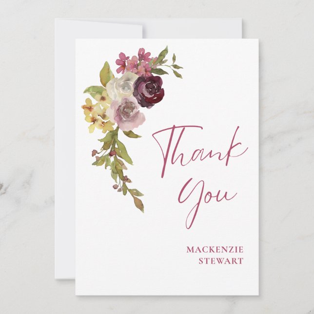 Elegant Burgundy Pink Floral 40th Birthday Thank You Card (Front)