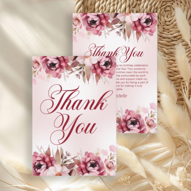 Elegant Burgundy Pink Floral Birthday Thank You Card (Elegant pink floral birthday party thank you card)