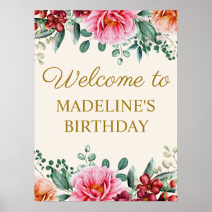 Elegant Burgundy Pink Floral Birthday Welcome Poster