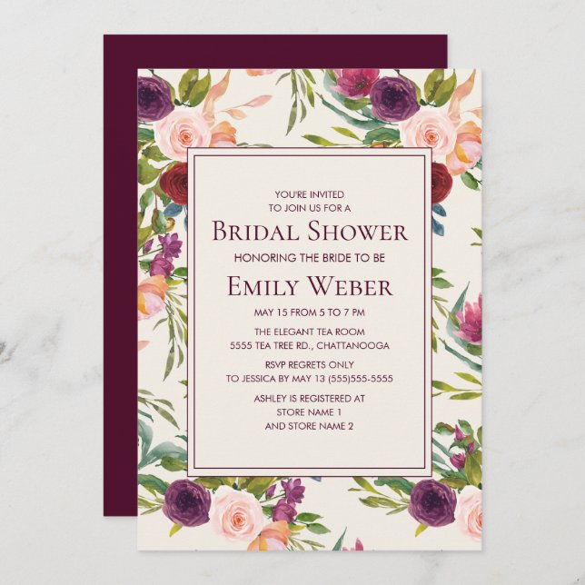Elegant Burgundy Pink Floral Bridal Shower Invitation (Front/Back)