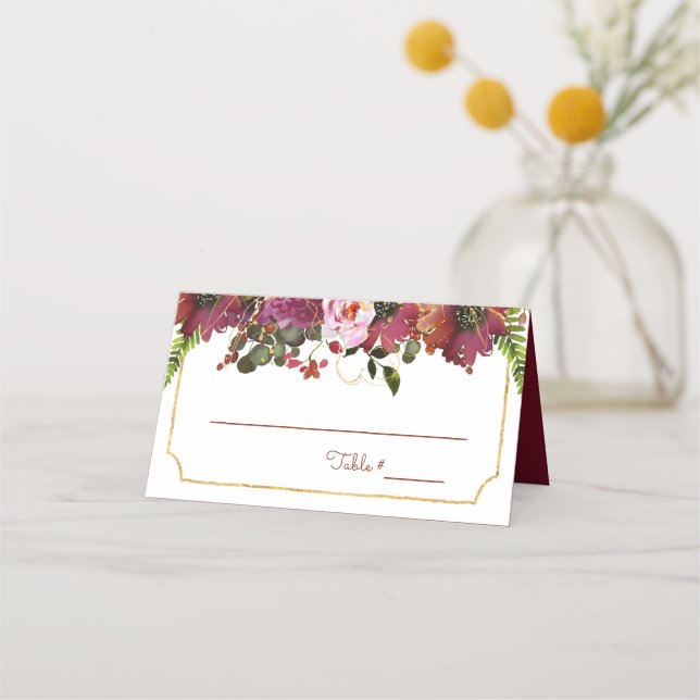 Elegant Burgundy Pink Floral Gold Geometric Place Card (Front)