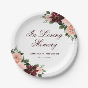 Elegant Burgundy Pink Floral Memorial Funeral Paper Plate