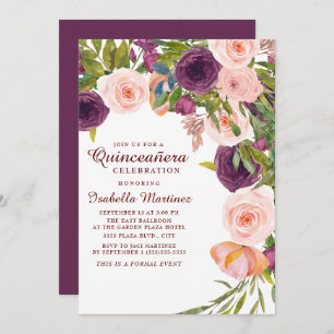 Elegant Burgundy Pink Floral Quinceañera Invitation