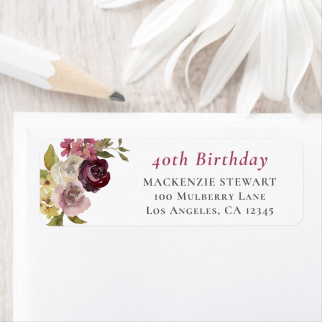 Elegant Burgundy Pink Floral Return Address Label (Insitu)