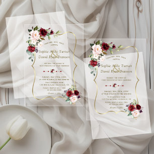 Elegant Burgundy Pink Flowers Gold Wedding Acrylic Invitations