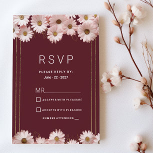Elegant burgundy pink gold daisy flowers RSVP Invitation