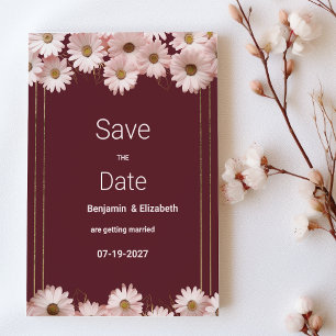Elegant burgundy pink gold daisy Save the Date Invitation