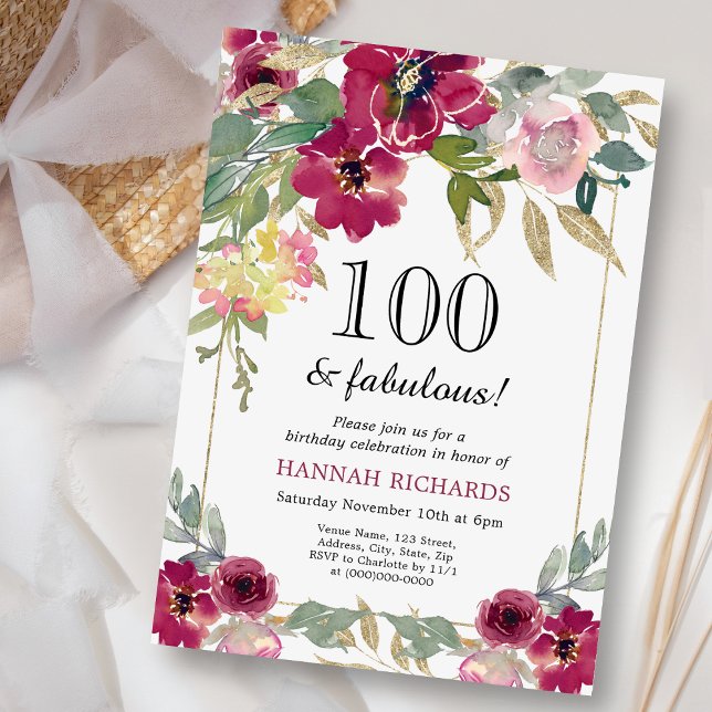 Elegant Burgundy Pink Gold Floral 100th Birthday  Invitation (Creator Uploaded)
