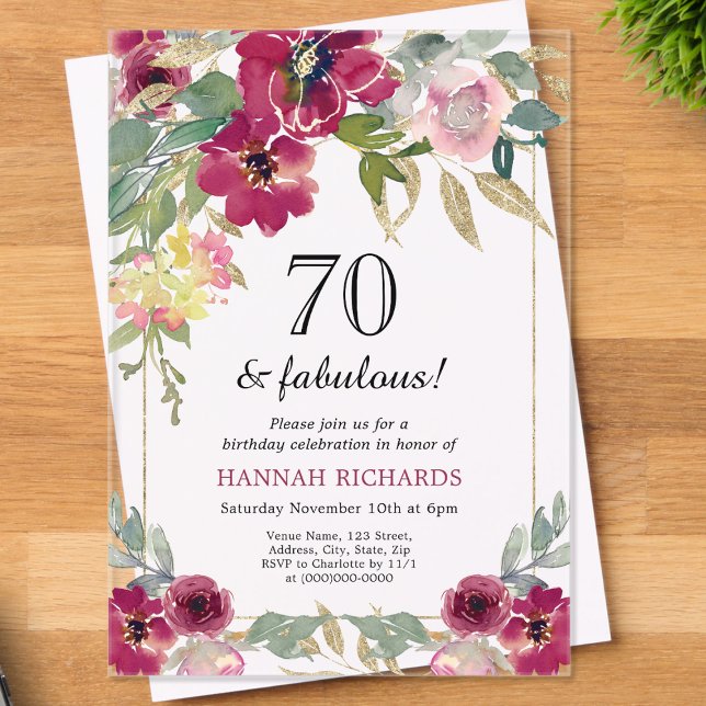 Elegant Burgundy Pink Gold Floral 70th Birthday  Acrylic Invitations (Creator Uploaded)