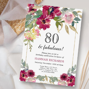 Elegant Burgundy Pink Gold Floral 80th Birthday  Invitation