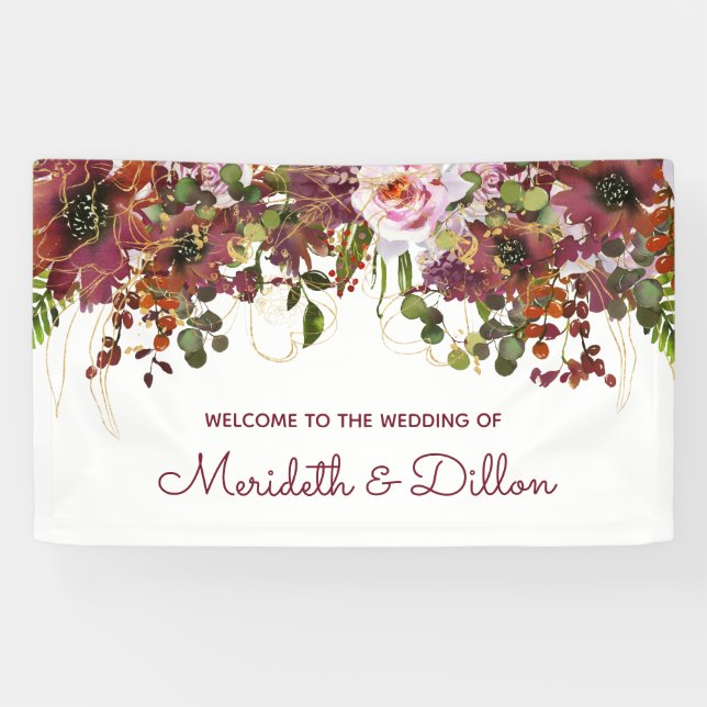 Elegant Burgundy Pink Gold Floral Wedding Banner (Horizontal)
