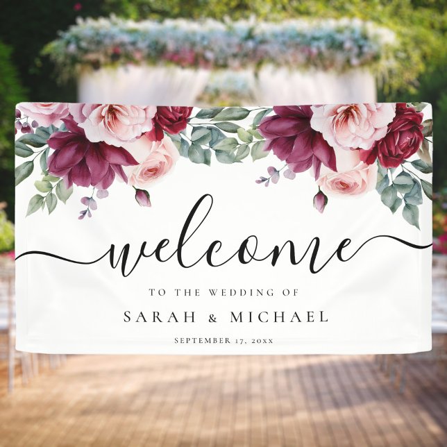 Elegant Burgundy Pink Rose Floral Wedding Welcome Banner (Creator Uploaded)