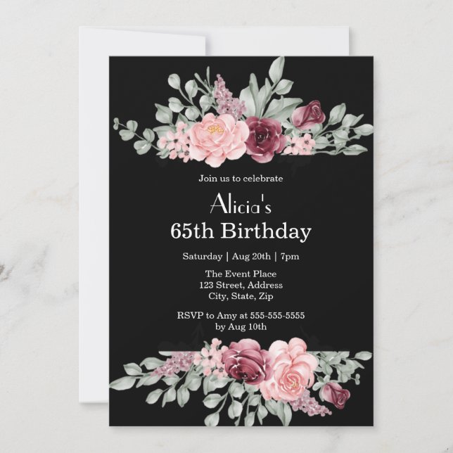 Elegant Burgundy Pink Rose Greenery Flora Birthday Invitation (Front)