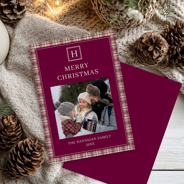 Elegant Burgundy Plaid Merry Christmas Family  Holiday Card (Creator Uploaded)