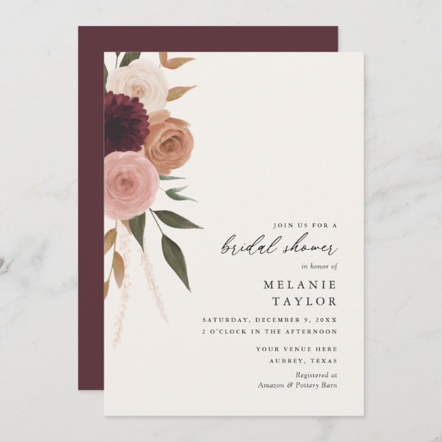 Elegant Burgundy Plum Floral Bridal Shower Invitation (Front/Back)