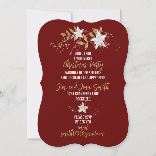 Elegant Burgundy Poinsettia Holiday Party Invitation (Front)