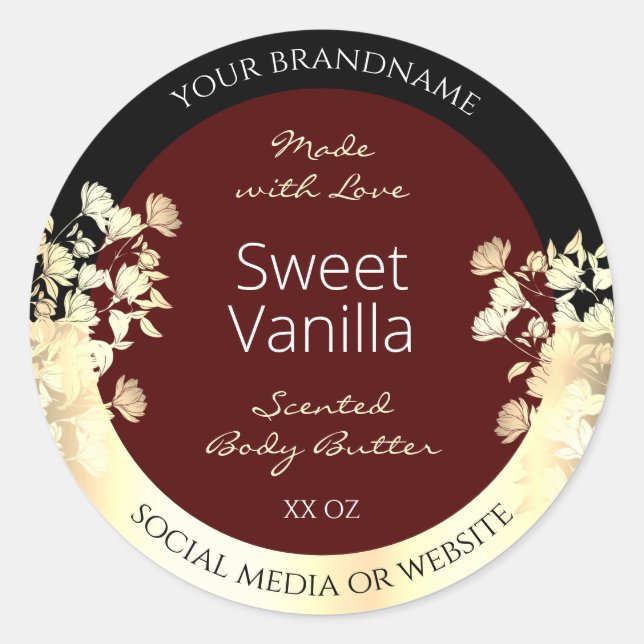 Elegant Burgundy Product Labels Floral Gold Frame (Front)