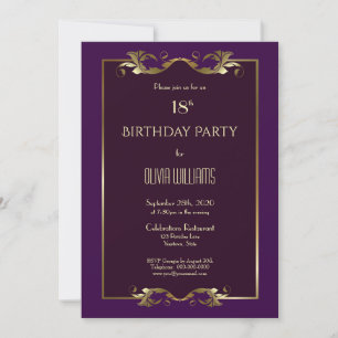 Elegant Burgundy Purple Gold 18th Birthday Party Invitation