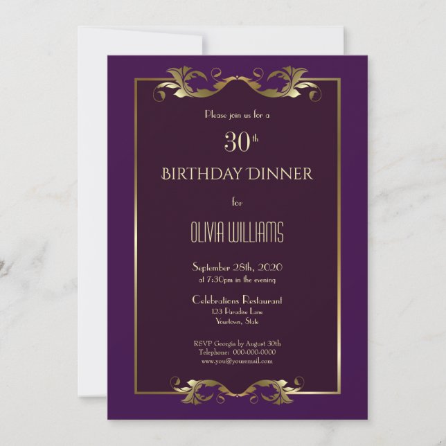 Elegant Burgundy Purple Gold 30th Birthday Dinner Invitation (Front)