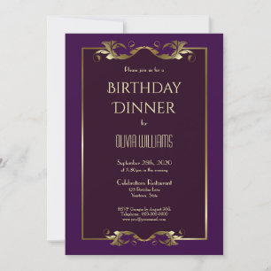 Elegant Burgundy Purple Gold Birthday Dinner Party Invitation