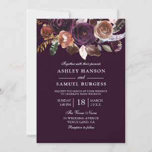 Elegant Burgundy Purple Plum Peach Floral Wedding Invitation