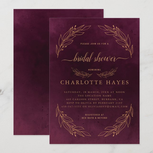 Elegant Burgundy Red And Gold  Bridal Shower Invitation (Front/Back)