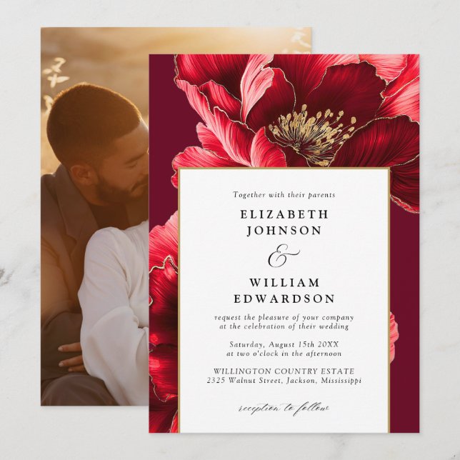 Elegant Burgundy Red And Gold Floral Photo Wedding Invitation (Front/Back)