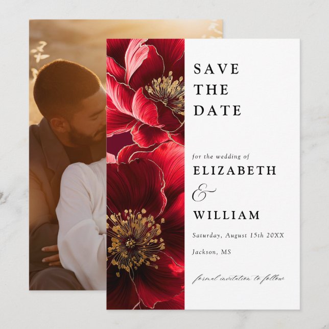 Elegant Burgundy Red And Gold Floral Photo Wedding Save The Date (Front/Back)