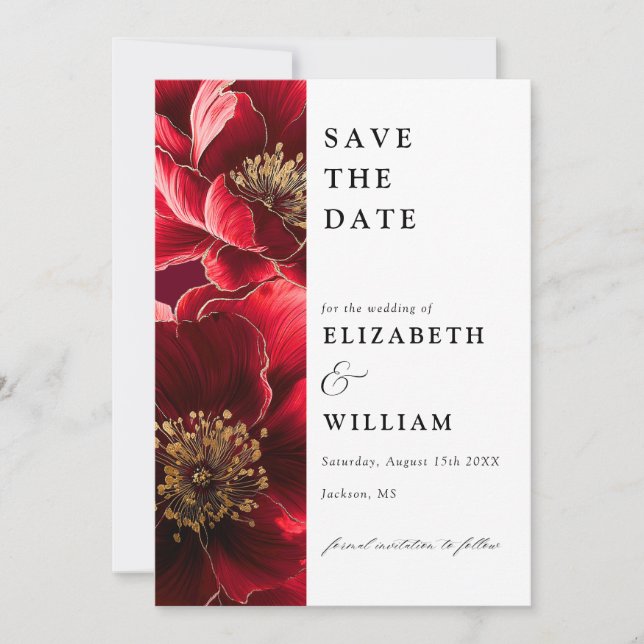 Elegant Burgundy Red And Gold Floral Wedding Save The Date (Front)